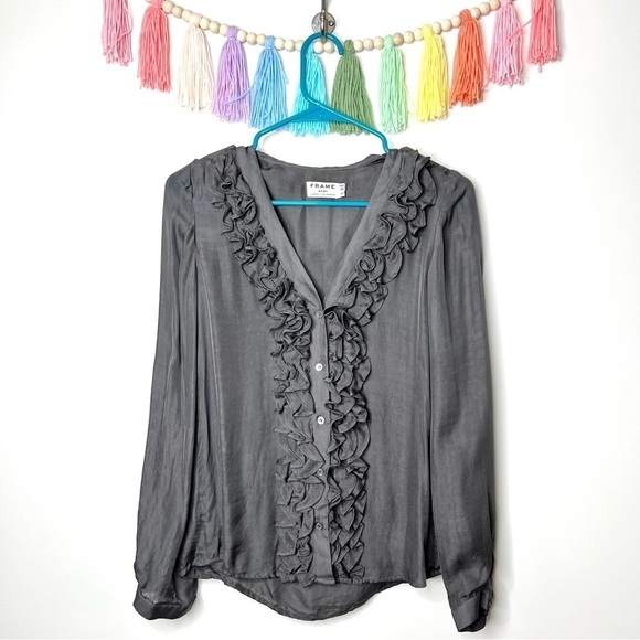 FRAME Tuxedo Smoke Grey Gray Silk Chiffon Ruffle Button Down Blouse Extra Small - Picture 11 of 16